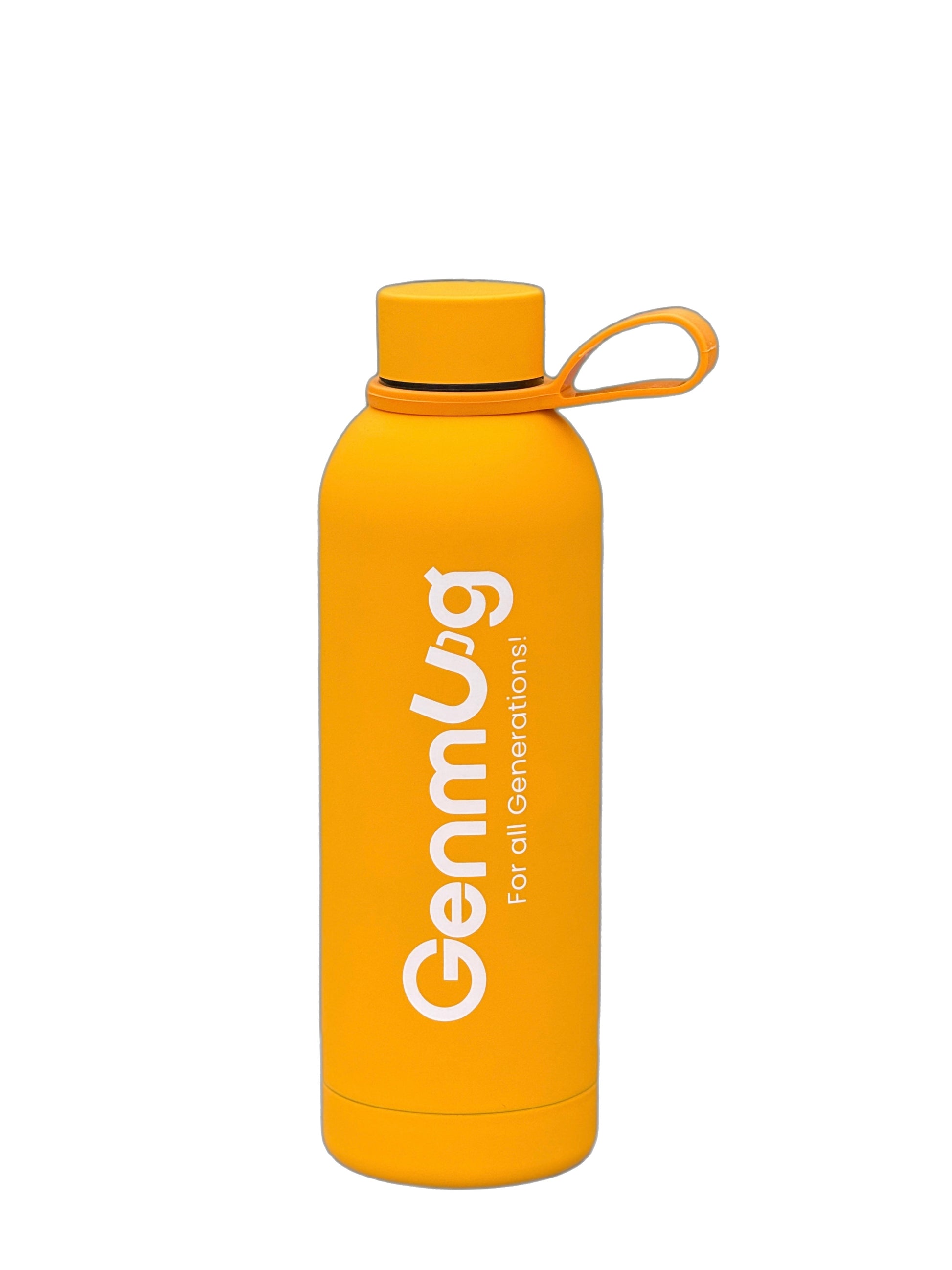 GenMug orange 500ml vacuum insulated stainless steel water bottle with soft-touch finish and leak-proof lid – keeps drinks hot or cold for 12+ hours.