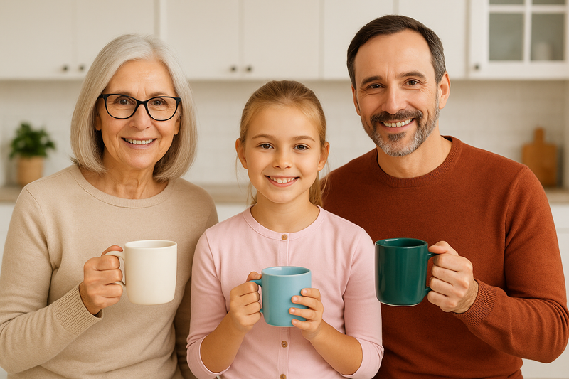 Three generations smiling together holding GenMug mugs and tumblers, showing premium drinkware for all generations.