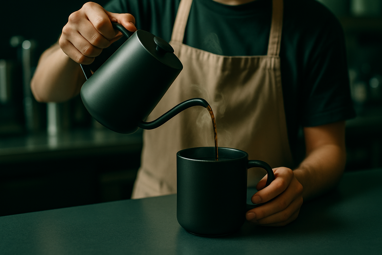 Square barista pouring fresh coffee into a matte black ceramic mug on a clean cafe counter; stainless tools and cups blurred in background; directional top light, crisp highlights, steam visible, shallow depth of field. Contemporary Gen-Z color grade; hints of deep green and beige in scene elements. Unbranded, no logos/text. 2000×2000, photorealistic.
