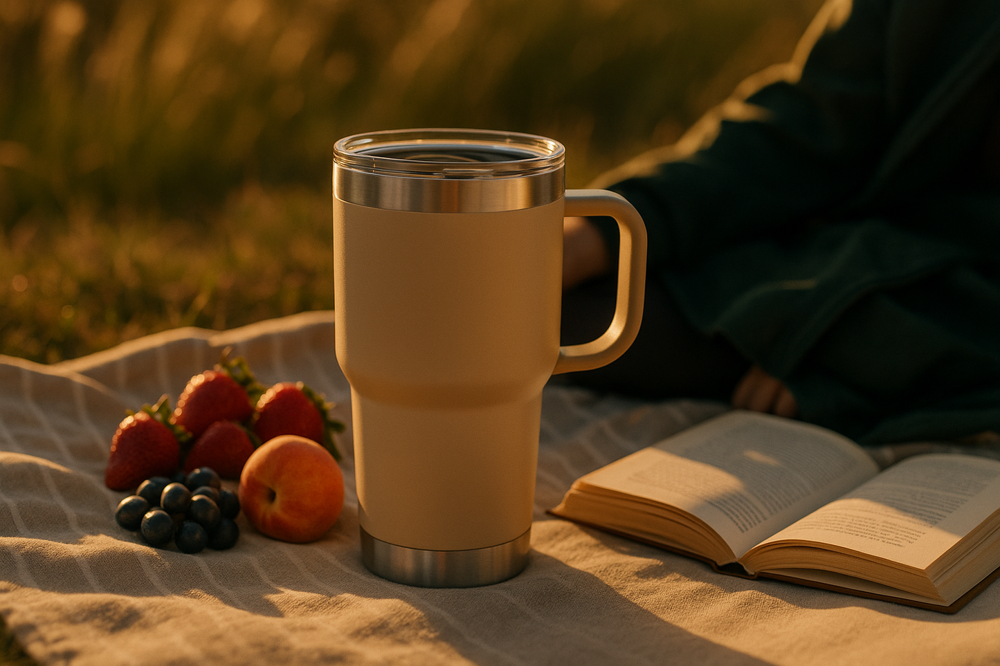 Square golden-hour scene of a sand 30oz handled tumbler on a picnic blanket with fruit and a book; warm sunlight, long soft shadows, grasses in bokeh; jacket/backpack in deep green accent. Keep bottom-right area clean for overlay. Unbranded, realistic hands optional, no faces. 2000×2000, high detail.