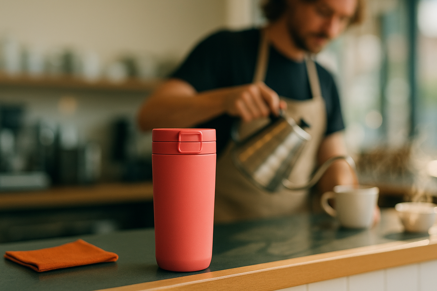 Square lifestyle photo of a 16oz insulated travel mug (bright watermelon pink) with a slide-lock lid, placed on a clean coffee shop counter while a barista pour is slightly blurred in the background. Soft morning light, gentle steam hint, shallow depth of field. Minimal, premium Gen-Z vibe with palette cues #01534D / #F4E7D7 / #F47629 in scene accents. Leave top-left negative space for text. Unbranded, no logos/watermarks. 2000×2000, photorealistic.
