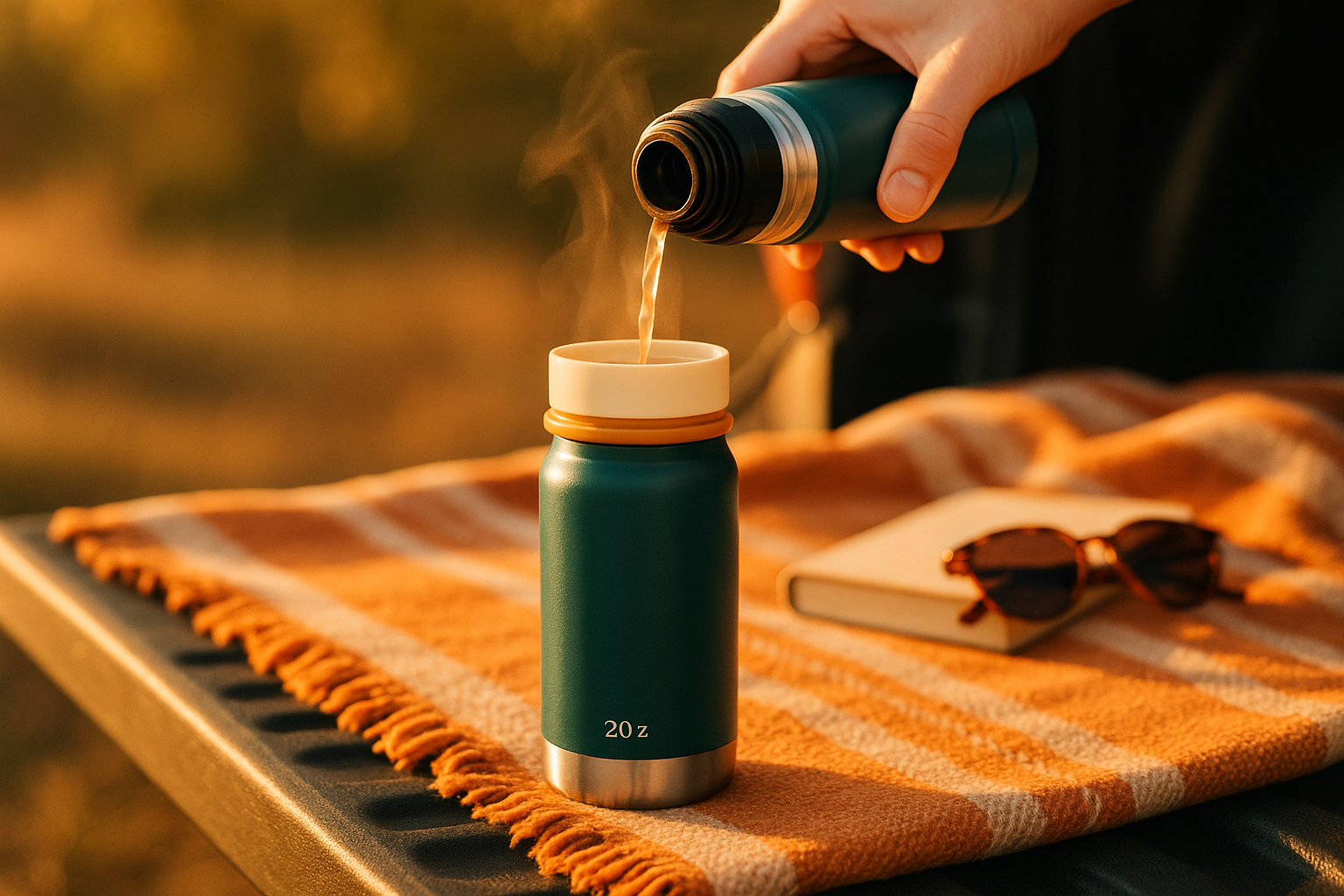 Square lifestyle photo of a 20oz stainless vacuum flask with the cup-lid unscrewed and a hand pouring hot drink into it on a tailgate/picnic setup; travel blanket, book, and sunglasses in soft bokeh. Golden-hour light, warm tones, gentle steam visible, shallow depth of field. Palette hints #01534D / #F4E7D7 / #F47629 in props. Leave top-left negative space for text. Unbranded, no logos/watermarks. 2000×2000, photorealistic.