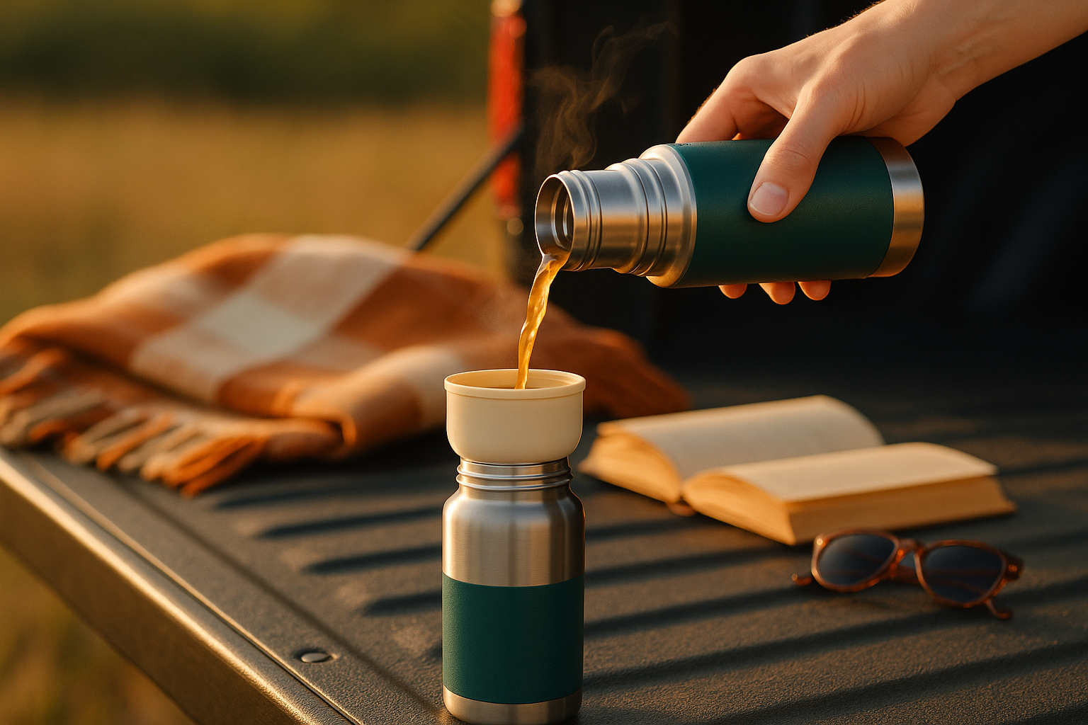 Square lifestyle photo of a 20oz stainless vacuum flask with the cup-lid unscrewed and a hand pouring hot drink into it on a tailgate/picnic setup; travel blanket, book, and sunglasses in soft bokeh. Golden-hour light, warm tones, gentle steam visible, shallow depth of field. Palette hints #01534D / #F4E7D7 / #F47629 in props. Leave top-left negative space for text. Unbranded, no logos/watermarks. 2000×2000, photorealistic.
