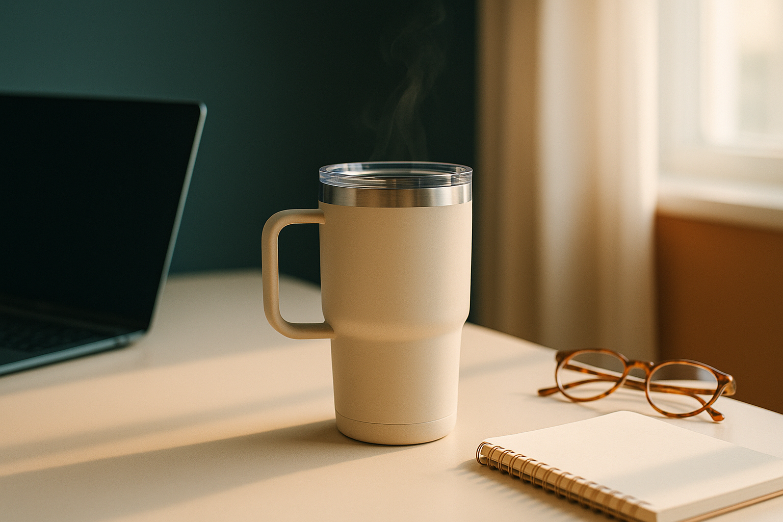 Square lifestyle photo of a 30oz insulated tumbler with handle (sand color) on a clean workspace beside a laptop, notebook, and glasses; soft morning window light, gentle steam hint, shallow depth of field. Minimal, premium Gen-Z aesthetic with subtle palette cues #01534D / #F4E7D7 / #F47629. Leave top-left negative space for text. Unbranded, no logos/watermarks. 2000×2000, photorealistic.