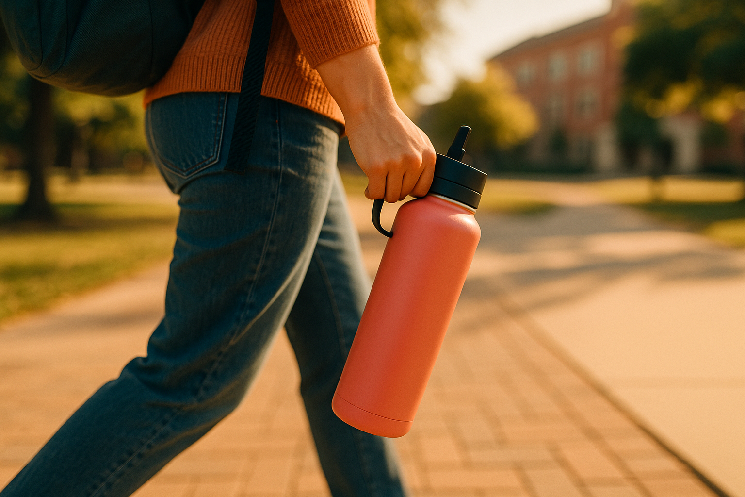 Square lifestyle photo of a 40oz insulated stainless bottle with flip-sip lid and carry loop, coral-pink body; held in hand while walking across a sunny campus walkway with backpack strap in frame; warm golden light, shallow depth of field, motion in legs only, clean top-left negative space for text. Palette hints #01534D, #F47629, #F4E7D7. Unbranded, no logos or watermark. 2000×2000, photorealistic.