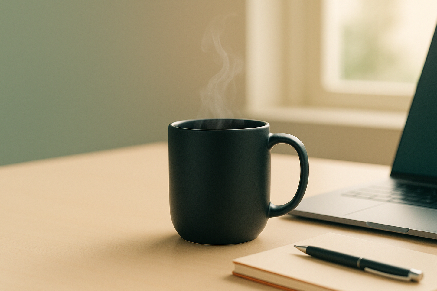 Square lifestyle photo of a matte black ceramic mug (14oz) with gentle steam beside a laptop corner, notebook and pen on a tidy workspace. Morning window light, soft shadows, minimal aesthetic, shallow depth of field. Palette hints #01534D, #F4E7D7, #F47629 (accents only). Leave top-left negative space for overlay. Unbranded, no logos/watermarks. 2000×2000, photorealistic.