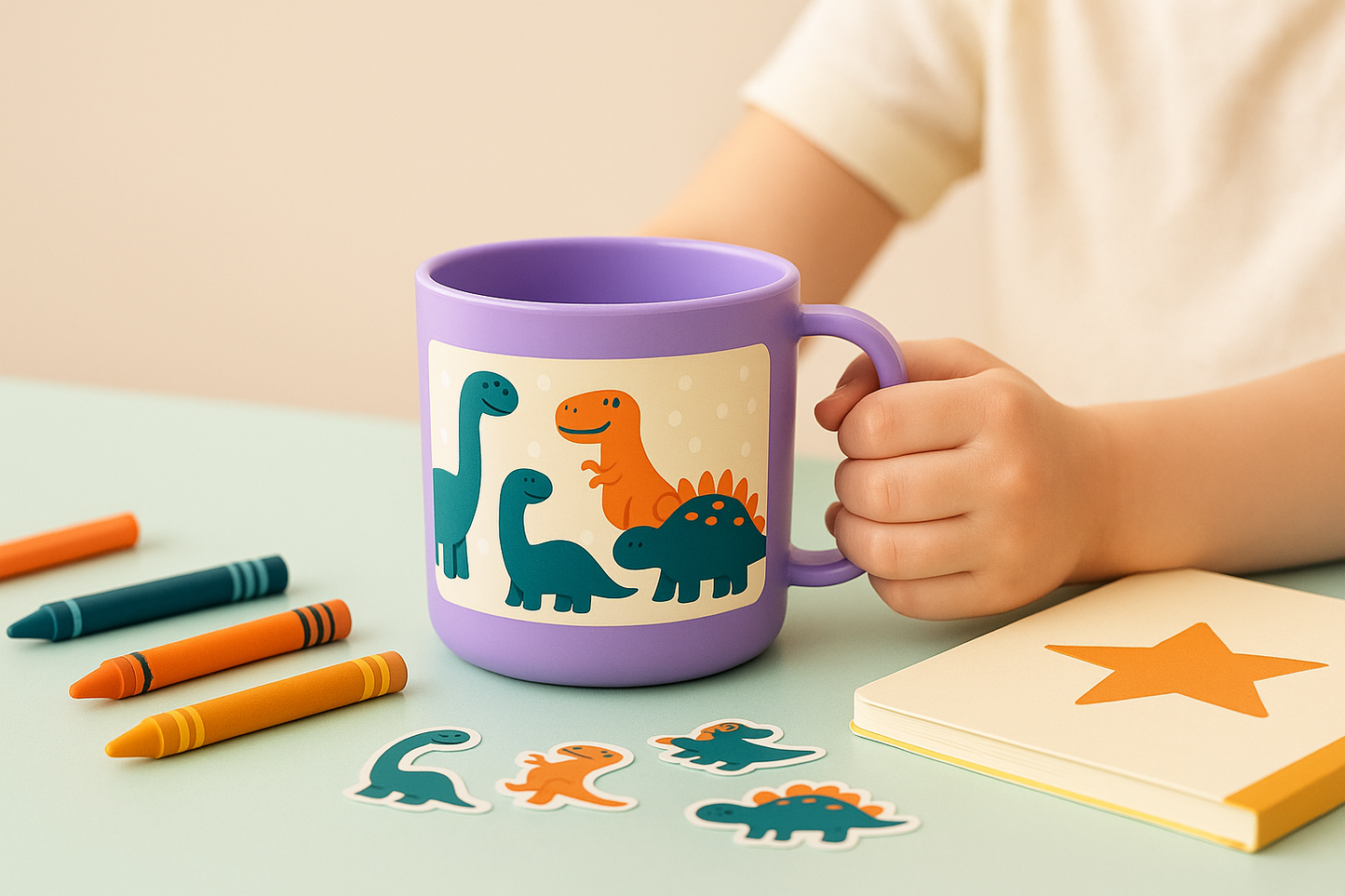 Square lifestyle photo of a purple dino-print kids mug (12oz) on a pastel study desk with crayons, stickers, and a star notebook. A child’s hand (no face visible) lightly holding the handle. Bright, soft daylight, cheerful mood, shallow depth of field. Palette hints: #01534D, #F47629, #F4E7D7. Clean negative space on top for text. Unbranded, no logos, no watermark. High detail, 2000×2000.