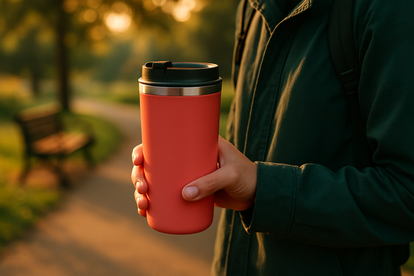 Square scene of a hand carrying a compact 16oz slide-lid travel mug (watermelon pink) during a park walk; bench, greenery, and pathway in soft bokeh. Warm golden hour, long soft shadows, jacket/backpack detail in deep green. Keep bottom-right area clean for overlay. No faces in frame, realistic hands. Unbranded, 2000×2000, high detail.