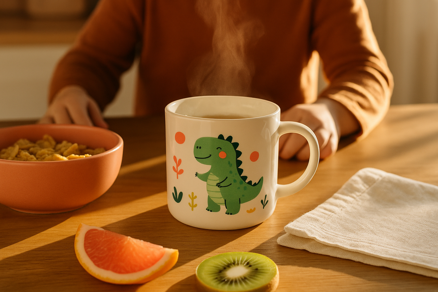 Square scene of a kids ceramic mug with cute dinosaur on a kitchen table at morning golden light, with cereal bowl, sliced fruit, and a napkin nearby. Natural highlights, soft shadows, light steam from the mug. Subtle pops of coral and green to match brand palette. Child’s hands only, faces out of frame. Unbranded, realistic, 2000×2000.