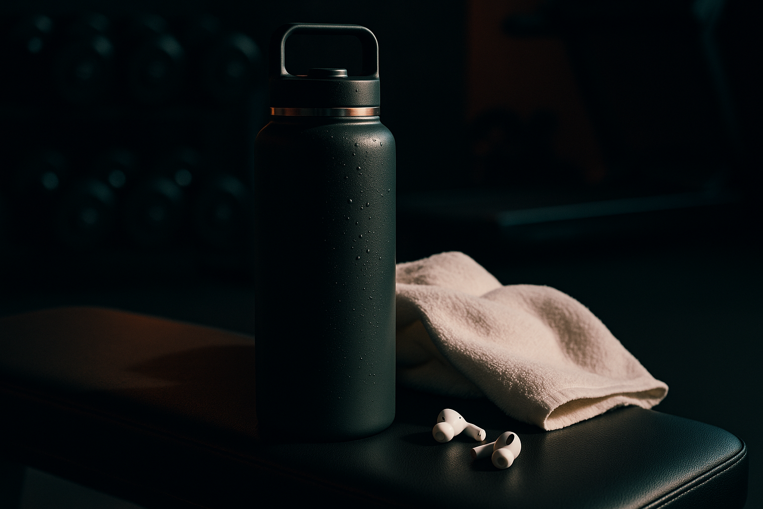 Square scene of a matte 40oz bottle resting on a gym bench with a white towel and wireless earbuds nearby; subtle sweat droplets on bottle, dramatic side light, crisp shadows; background shows blurred dumbbells/treadmill. Keep bottom-right area clean for overlay. Premium Gen-Z color grade. Unbranded, no logos. 2000×2000.