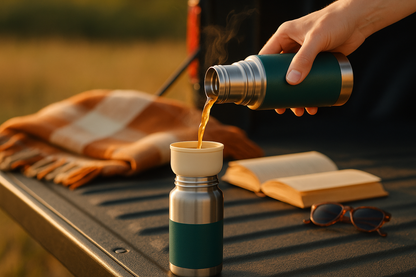 Square lifestyle photo of a 20oz stainless vacuum flask with the cup-lid unscrewed and a hand pouring hot drink into it on a tailgate/picnic setup; travel blanket, book, and sunglasses in soft bokeh. Golden-hour light, warm tones, gentle steam visible, shallow depth of field. Palette hints #01534D / #F4E7D7 / #F47629 in props. Leave top-left negative space for text. Unbranded, no logos/watermarks. 2000×2000, photorealistic.