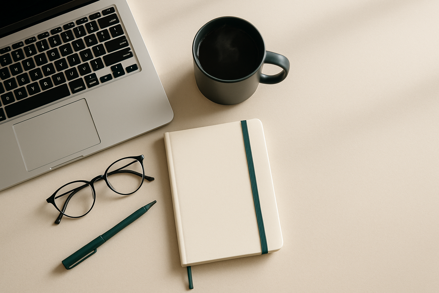 Square overhead flat-lay of a tidy workspace: laptop corner, notebook, pen, glasses, and a steaming matte ceramic mug; morning window light, soft shadows; deep-green accent item (pen or notebook band); leave right side open for copy; unbranded, 2000×2000.